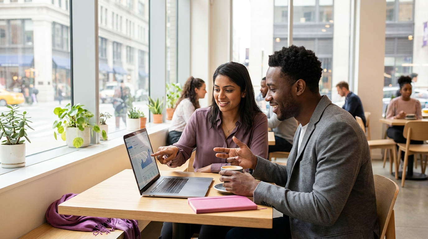 Two colleagues collaborating over a laptop in a bright modern café, reviewing strategy documents together, candid moment, warm natural light, diverse professionals