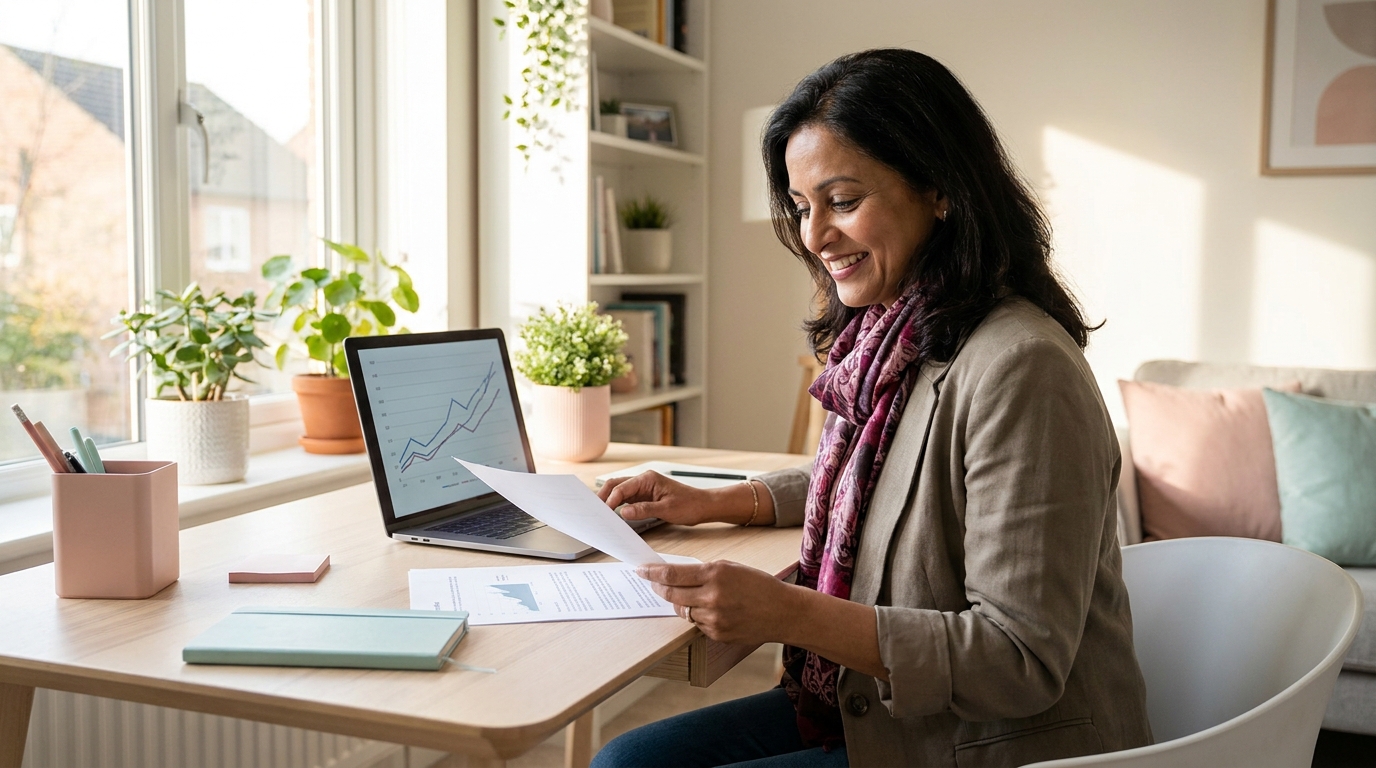 Business owner reviewing growth analytics report at a clean wooden desk, smiling with satisfaction, bright natural light, candid professional moment