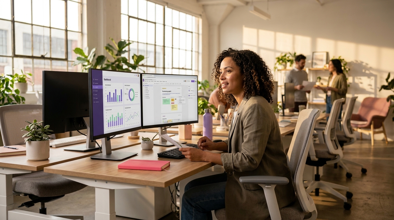 Marketing professional in a modern open-plan workspace reviewing analytics dashboards on dual monitors, warm natural light, candid moment, diverse professional environment