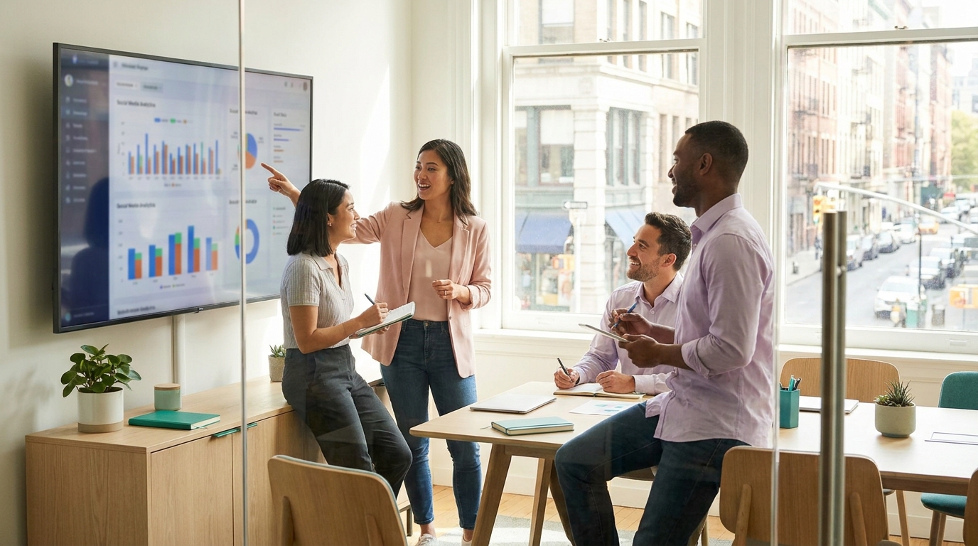 Marketing team in a glass-walled meeting room reviewing social media analytics on a large screen, candid collaborative scene, modern office, bright natural light