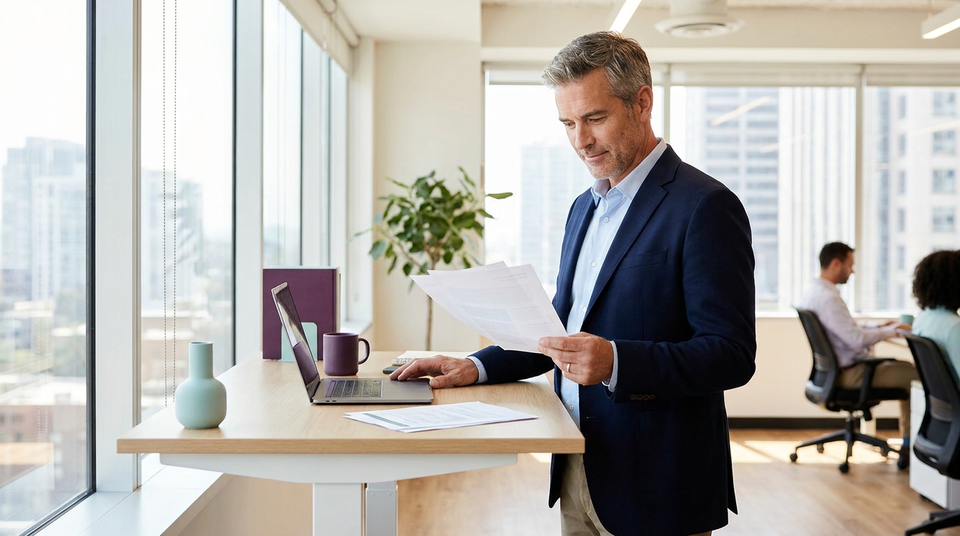 Business owner at a standing desk reviewing strategic reports in a light-filled modern office