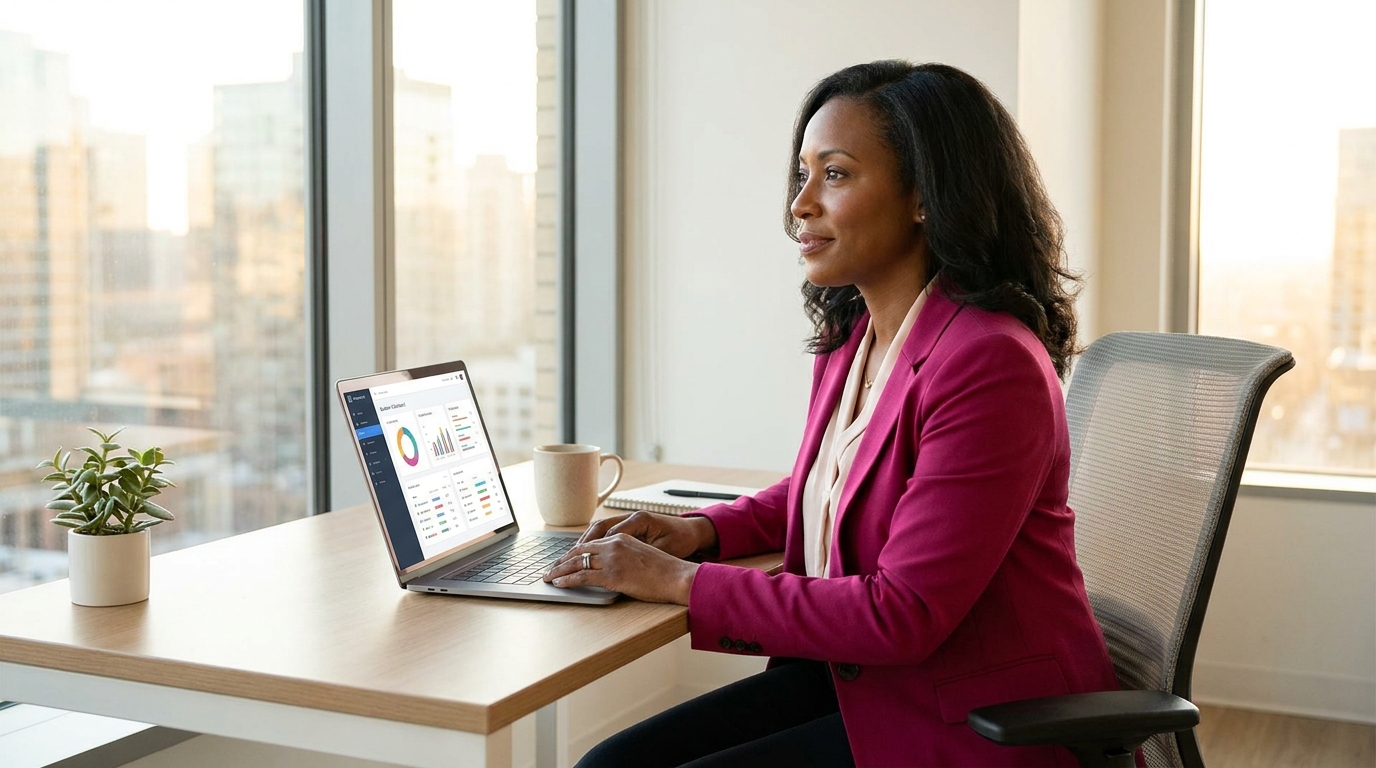 Business owner reviewing monthly growth report on a laptop in a bright contemporary office space