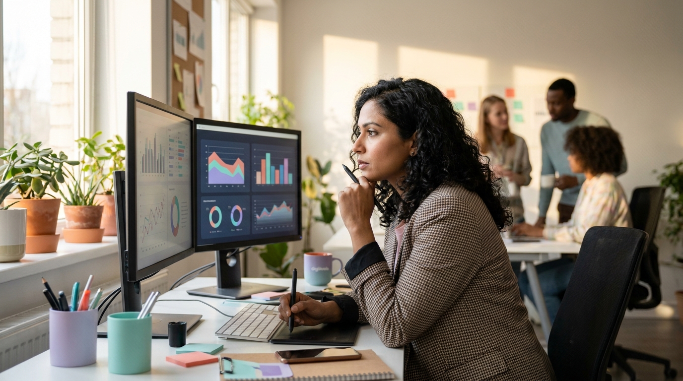 Marketing manager reviewing digital campaign analytics on dual monitors in a creative office environment
