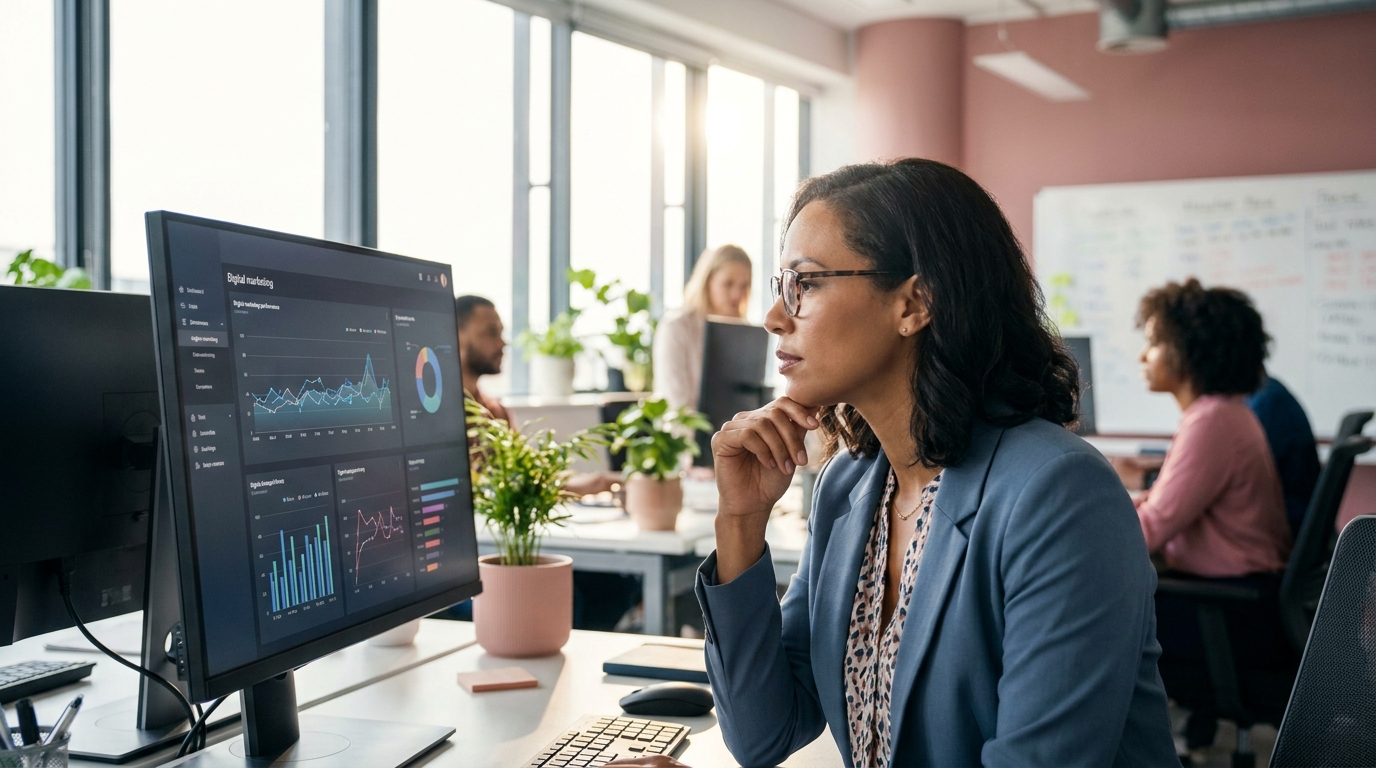 Marketing strategist reviewing campaign performance data on a large monitor in a modern, open-plan office