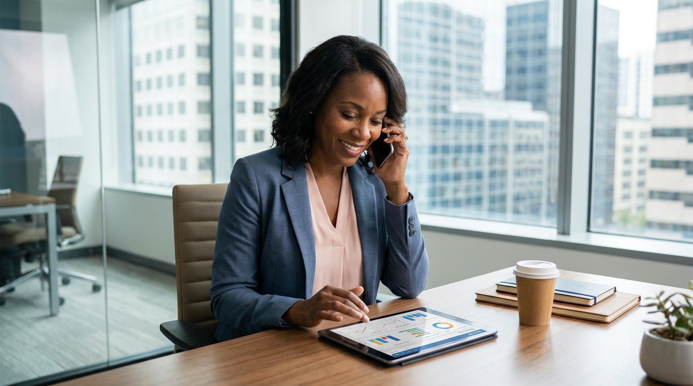 Sales director on a phone call reviewing a CRM pipeline on a tablet in a professional office