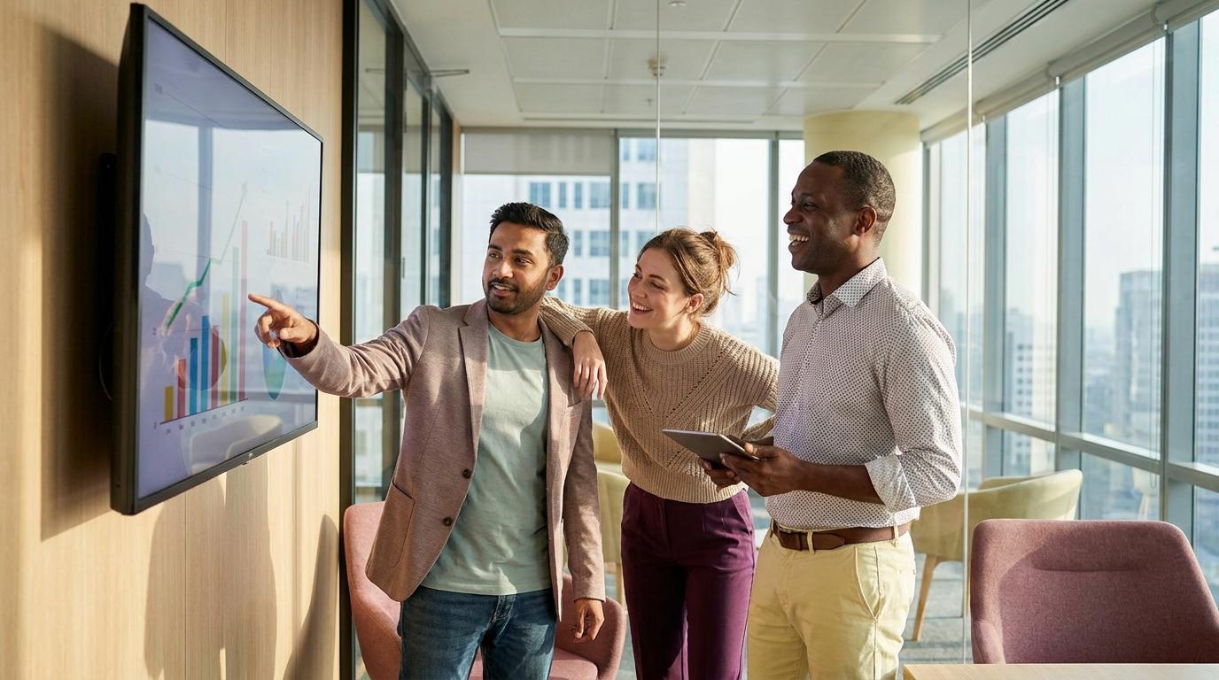 Sales and marketing team celebrating positive results around a conference table with data dashboards visible on a screen behind them