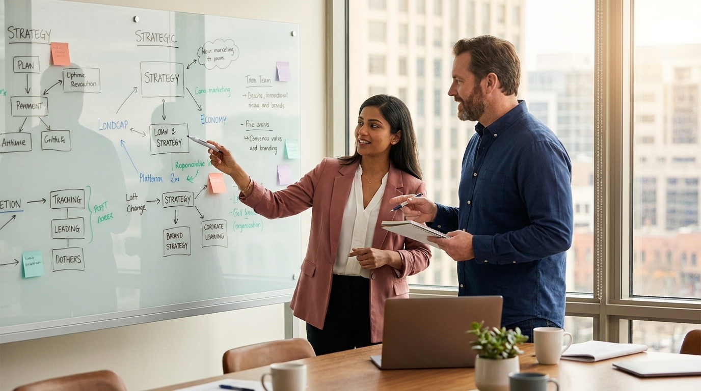 Two marketing professionals collaborating over a strategy diagram on a glass whiteboard in a modern meeting room